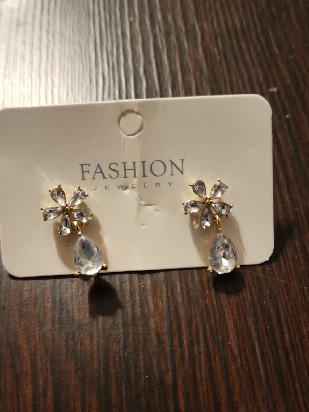 Fashion Jewelry Gold-Tone Clear Crystal Flower Drop Earrings